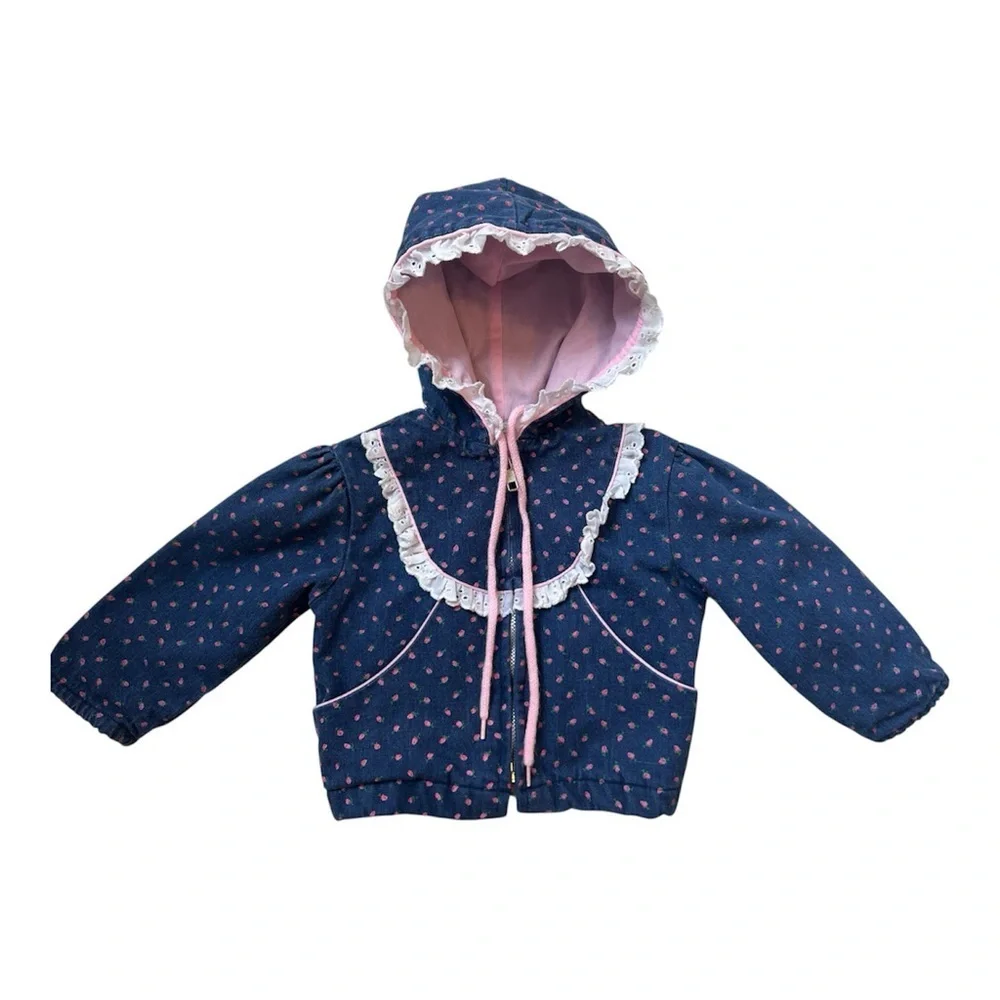 Vintage Tiny Tots Original Baby Jacket 12M Blue Floral Lace Trim Cottagecore